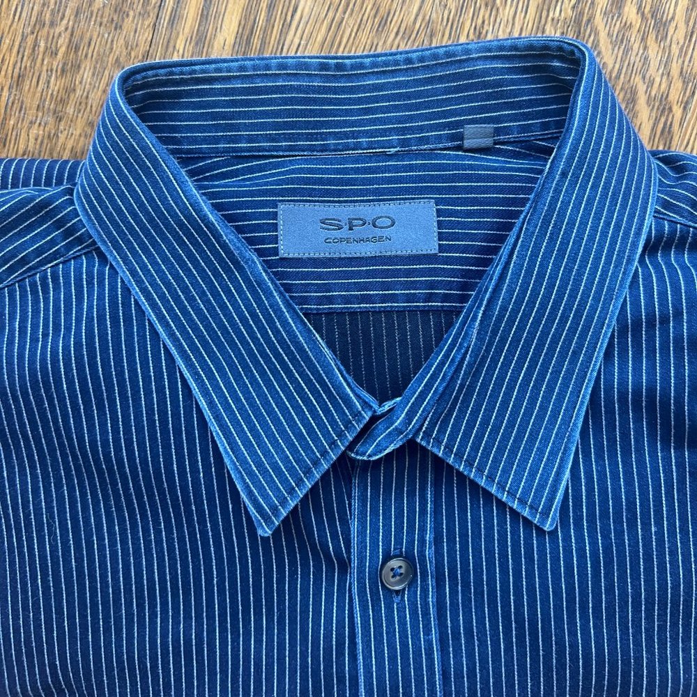 Sand Copenhagen "SPO" Blue Pinstriped Button-Up Dress Shirt - Men's 18" / 46 - Picture 4 of 9